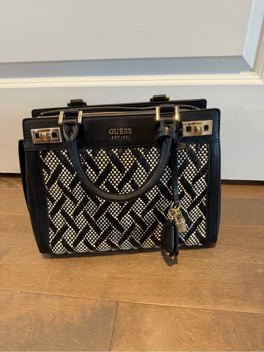GUESS Black & White Geometric Woven Satchel